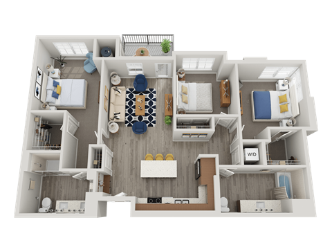 Floor plan for 3 beds, 2 baths, 1342 sqft